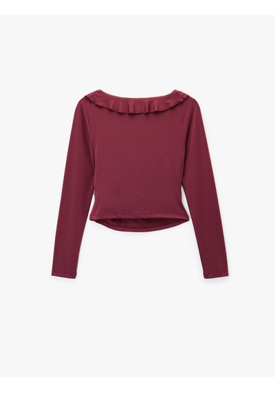 Koton Fırfır Detaylı Uzun Kollu Slim Fit V Yaka Tişört Bordo 6wal10543ık
