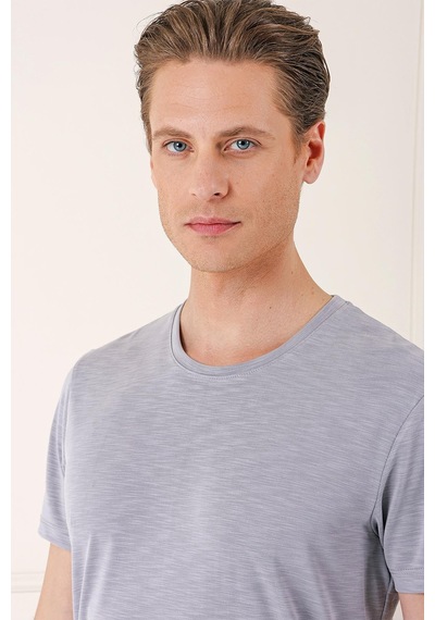 Efor Slim Fit Bisiklet Yaka Doku Desenli Pamuklu Gri Tişört Ts 881 Gri