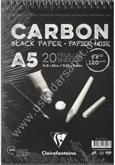 Clairefontaine Carbon Çizim Blok A5 120 Gr. 20 Yaprak Üstten Spiralli Siyah