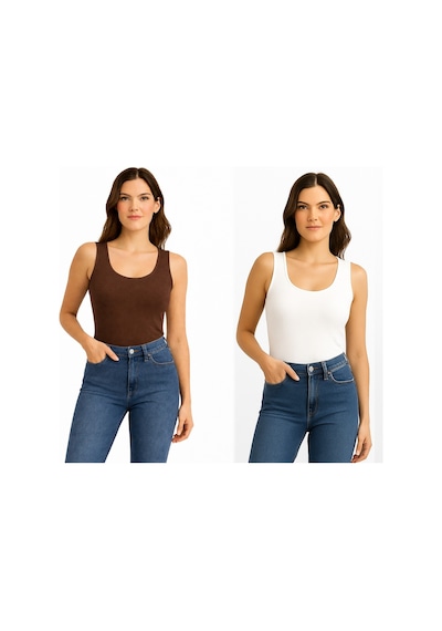 İngegno Body Geniş Bisiklet Yaka Sıfır Kol Örme Kumaş Viskon Body 2 Li Paket Beyaz - Kahverengi