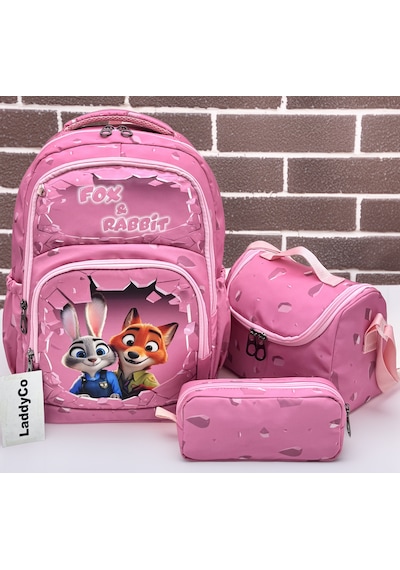 İlkokul Çantası Kız Çocuğu 3'lü Set Pembe İlk Okul Çantası Karakter Baskılı Bordo