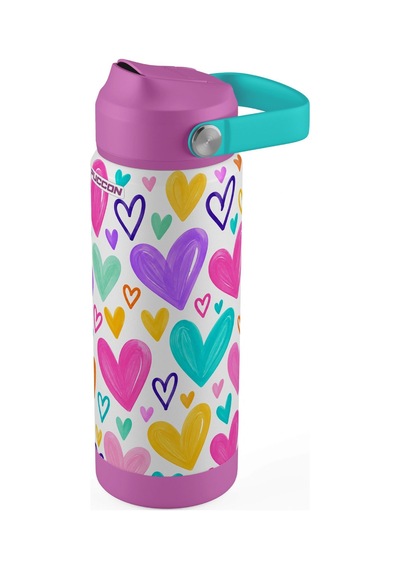 Puccon 540 Ml Kalp Desenli Mor - Pembe Kız Çocuk Pipetli Çelik Termos Matara/suluk - 60062