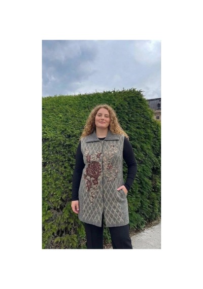 Onno Style Women Büyük Beden Ekose Gül Pike Desenli Çelik Örgü Kadın Triko Yelek Kaban Gri