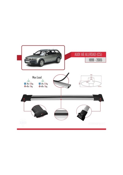 Audi A6 C5 Allroad 1999-2005 Arası İle Uyumlu Fly Model Ara Atkı Tavan Barı Gri