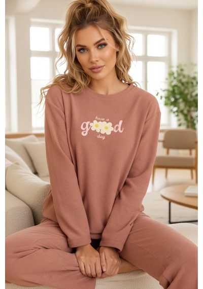 Siyah İnci Havlu Kumaş Örme Pijama Takım25226008 Pudra