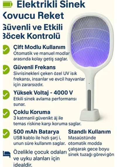Şarjlı Uv Mavi Işıklı Sinek Öldürücü Raket 3000v Güçlü Masaüstü & Elde Kullanım 1200mah