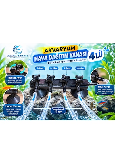 Akvaryum Hava Dağıtım Vanası 4'lü Hassas Hava Ayarı Bağımsız Çıkış Kontrolü Çift Vantuzlu 11 Cm