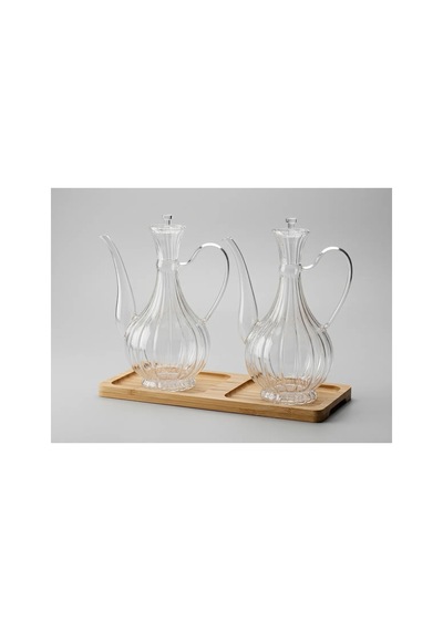 Cam Yağdanlık 750ml+750 Ml Glory Çizgili Bambu Stantlı Borosilikat Sirkelik El Üretimi Yağ, Sirke Beyaz Beyaz