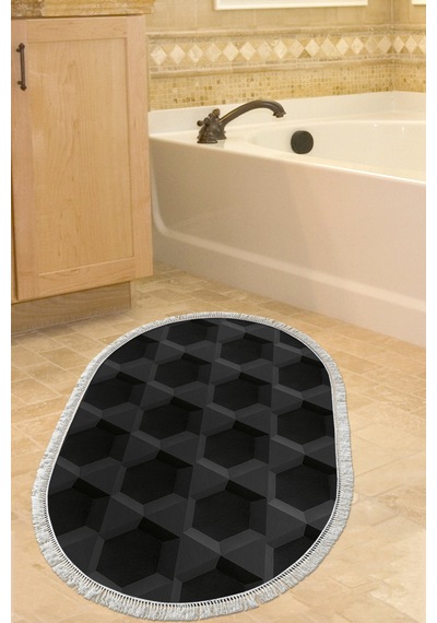 Kaymaz Dijital Mutfak & Salon Halı Trend Saçaklı Oval Geometrik E5016 Siyah