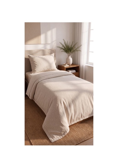%100 Pamuk Keten Tek Kişilik Nevresim Takımı Lastikli Çarşaflı 160x200 Cm Ekru - 904795714 Ekru