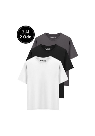 Rich Erkek 3 Lü Paket %100 Pamuk Oversize Tişört Basic Bisiklet Yaka Kısa Kollu T-shirt Gri