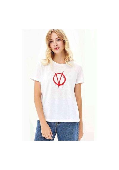 V For Vendetta Baskılı Beyaz Kadın Tshirt