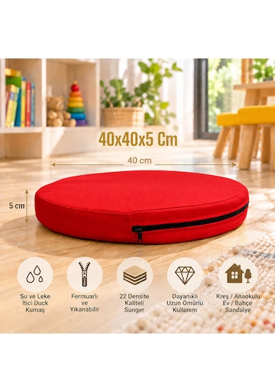 Kreş Anaokulu Yuvarlak Oyun Minderi Aktivite Minderi 40x40x5 Cm - Sandalye Minderi - Bahçe Dekor Minderi Yuvarlak Minder Kırmızı