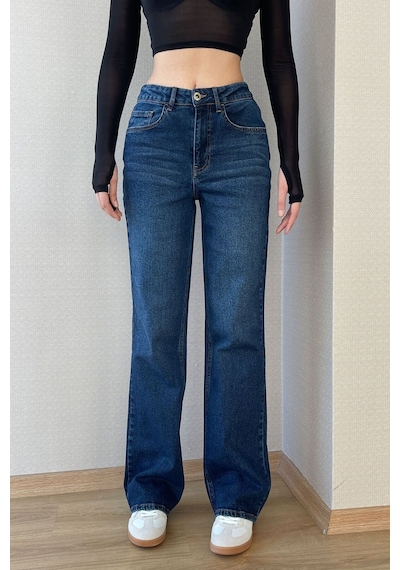 Koyu Mavi Kadın Wide Leg Jean Yüksek Bel Likralı Esnek Kot Pantolon Jessica-kymavi 001