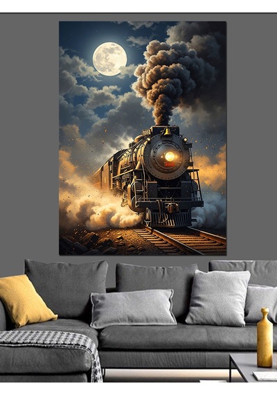 Ahşap Tablo Gece Vakti Işıldayan Eski Buharlı Tren