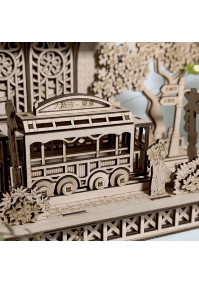 Japanese Tram Station Diorama Ahşap Maket Seti Japon Tramvay İstasyonu Peri Led'li Dıy Model