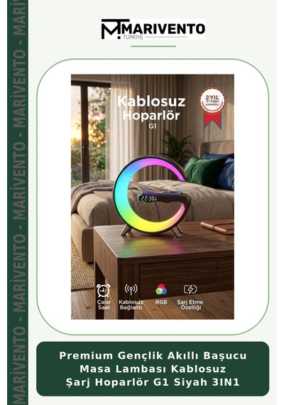 Premium Gençlik Akıllı Başucu Masa Lambası Kablosuz Şarj Hoparlör G1 Siyah 3ın1