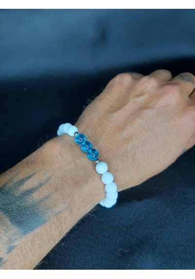 Mryart Beyaz & Mavi Cam Boncuk Unisex Elastik Bileklik 8 Mm Beyaz - Mavi