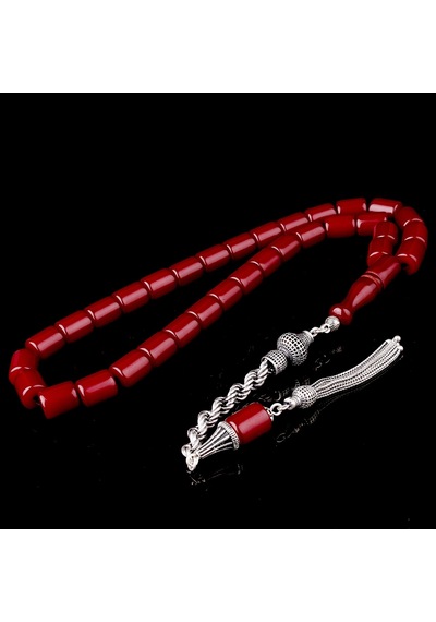 925 Ayar Gümüş Püsküllü Kesme Model Bordo Renk Ateş Kehribar Tesb