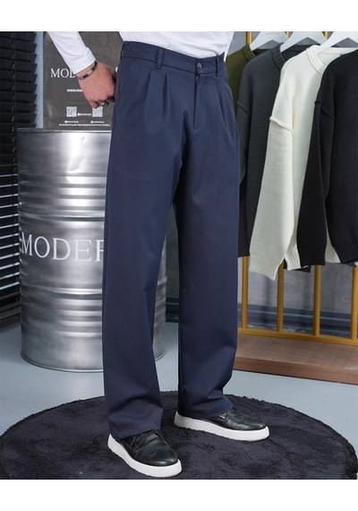Modefendi Baggy Kesim Pile Detaylı Kumaş Pantolon Lacivert