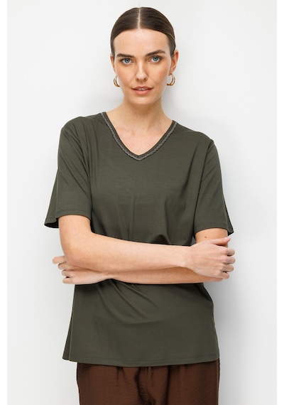 Desen Triko Kadın V Yaka Yaka Kenarı Zincirli Penye T-shirt 26707 Haki Haki