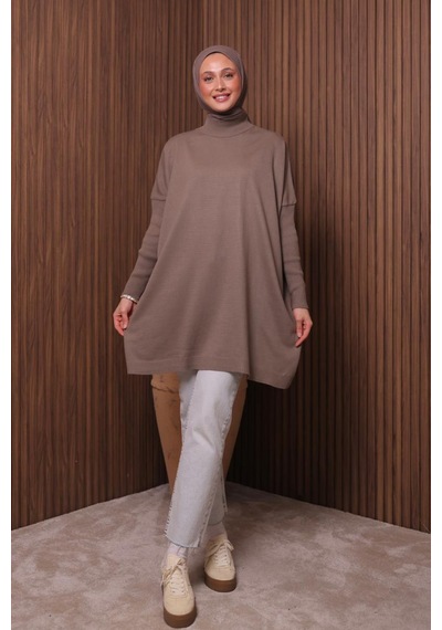 Balenbi Kadın Dik Yaka Basic 80cm Salaş Oversize Triko Tunik 1145 Toprak