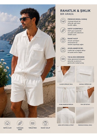 Erkek Premium Kumaş Modal Şort Slim Fit Takım Beyaz 2018dngr Ekru