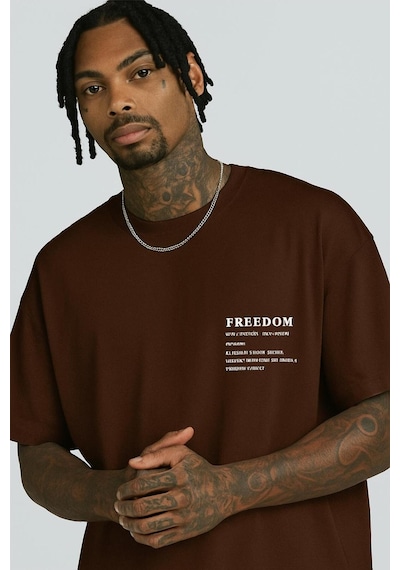 Freedom Baskılı Unisex T-shirt Kahverengi