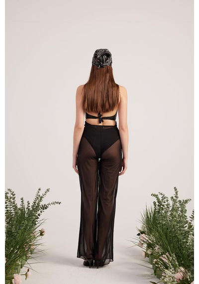 Holly Lolly Beli İp Detaylı Tül Pareo Shirred Pantolon Siyah