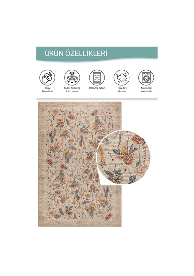 Artloop Florart Bej / Turuncu Vintage Dokulu Çiçek Desenli Dokuma Tabanlı Şönil Halı Al 470 Bej - Turuncu