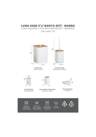 Luna Beyaz Bambulu Banyo Seti 5 Parça Plastik