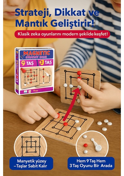 Manyetik 9 Taş + 3 Taş Strateji Oyunu Zeka Geliştirici, Eğlenceli Ve Dayanıklı Oyun Seti