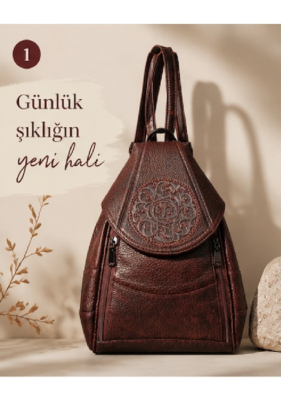 Durush Collection Hakiki Deri, Tasarım El İşlemesi Motifli Bordo Sırt Çantası