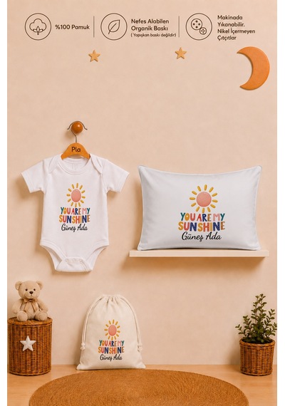 Pia Baby Kız Bebek İsme Özel Hediye Seti %100 Pamuk Body Yastık Kılıfı Ve Ham Bez Bebek Kıyafet Kesesi 2061byk6x Ekru