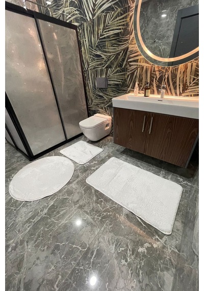 3'lü Yıkanabilir Post Beyaz Banyo Halısı Peluş Klozet Takımı 80x80 Yuvarlak + 50x60 Ve 60x100 Klozet Beyaz