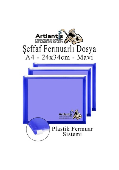 A4 Şeffaf Fermuarlı Dosya Mavi 3 Adet Pvc Fermuarlı Evrak Dosyası 24x34cm Çıtçıtlı Belge Evrak Dosyası Ofis B