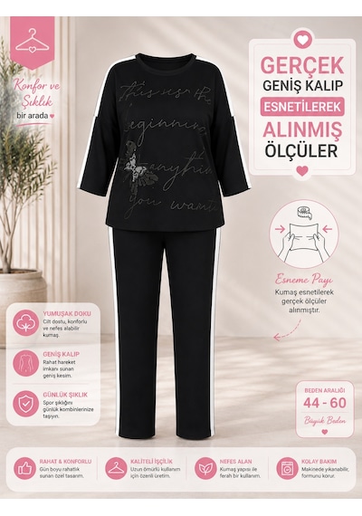 Büyük Beden Bisiklet Yaka Kelebek Motifli Kapri Kol Beli Lastikli Boru Paça Kadın Alt Üst Takım Siyah