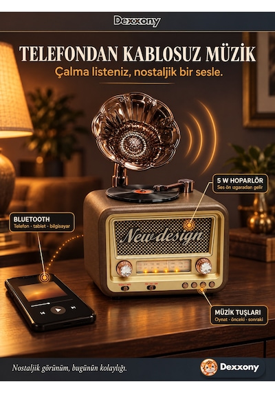 Dexxony Dx-2527 Kahve Nostaljik Radyo Gramofon Görünümlü Büyük Boy Şarjlı Bluetooth Hoparlör Fm Usb