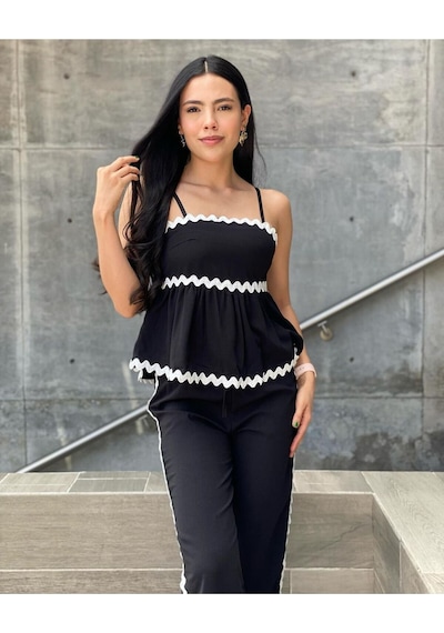 Hgfashion Kadın Biye Detaylı Bluz Pantolon Alt Üst Takım Siyah Renk Siyah