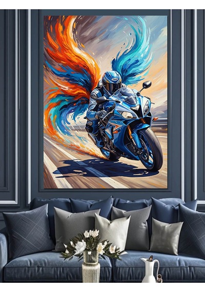 Ahşap Tablo Motosikletli Alevli Savaşçı Çizimi