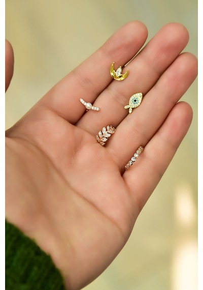 Çelik Üç Renkli 5'li Kombinli Tragus Küpe Model3 Çok Renkli