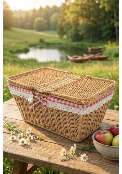 Atbyhome Hasır Piknik Sepeti Dikdörtgen Kapaklı Ve Bezli Rattan Sepet Organizer 39x27x18 Kahverengi