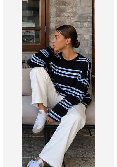 Hiccup Bıpantolon Kadın Oversize Çizgili Bisiklet Yaka Sweatshirt Siyah