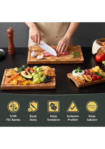 Valkyrie Daisy 3 Lü Bambu Kesme Tahtası Seti Büyük Orta Küçük Boy Et Sebze Sunum & Servis Tahtası Ahşap