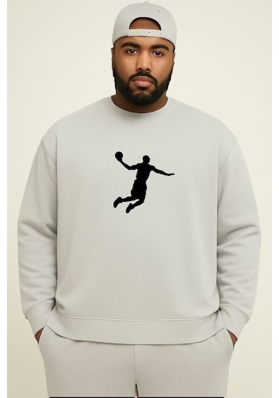 Benroma 3 İplik Penye Basketbolcu Baskılı Büyük Beden Unisex Sweatshırt Gri