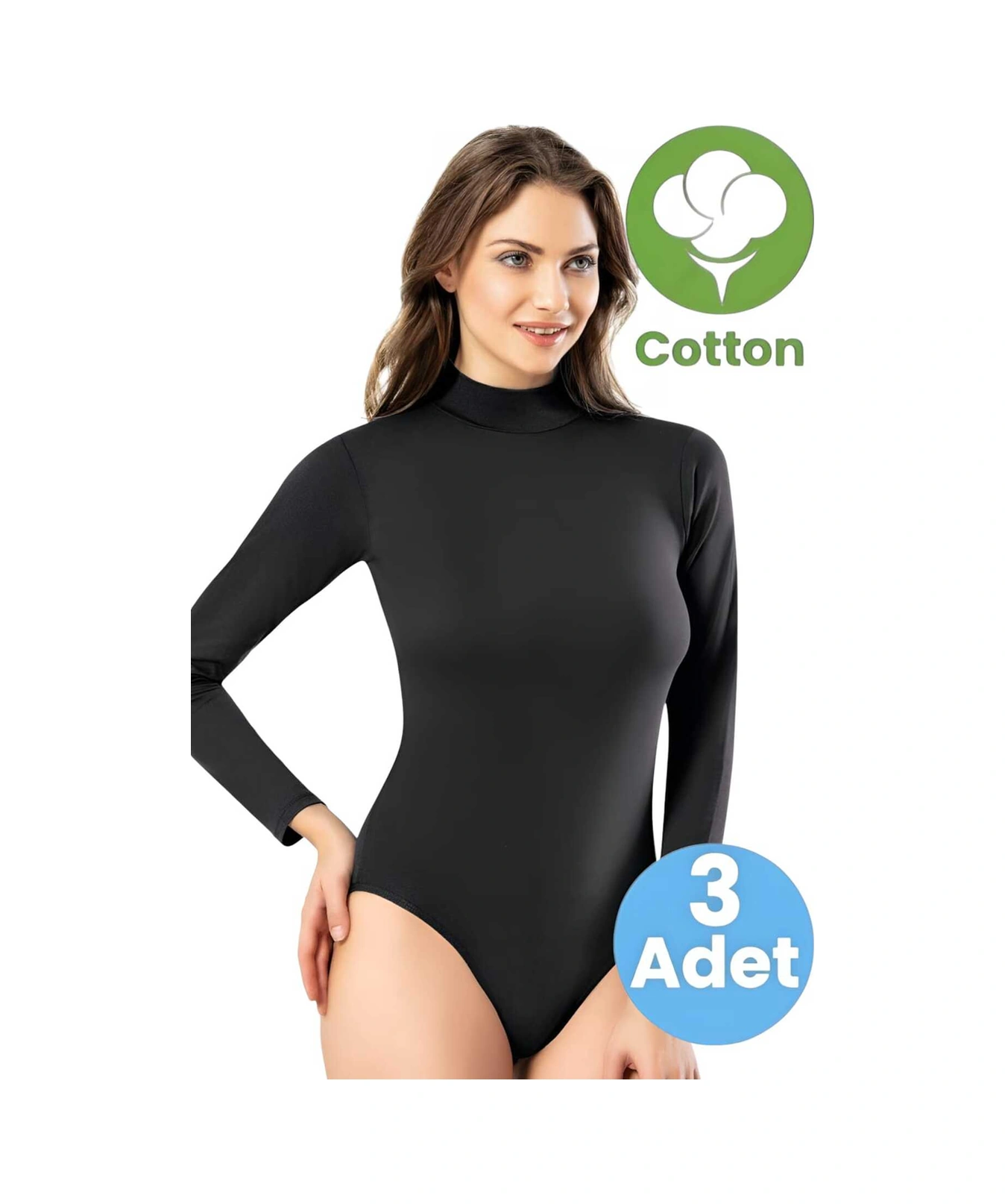 Tezzgelsin Kadın 3'lü Boğazlı Uzun Kol Çıtçıtlı Body Siyah