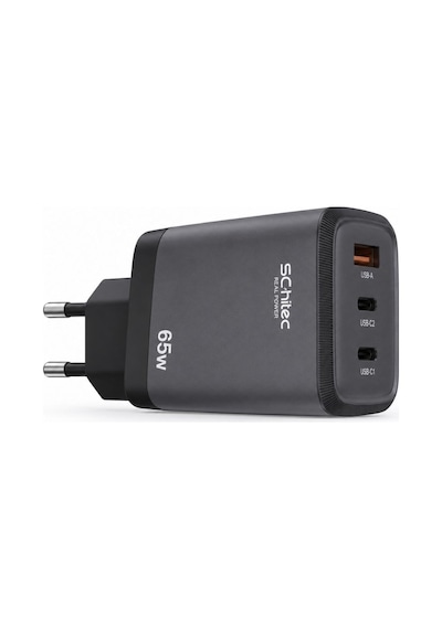 Schitec 65w Gan 3 Çıkışlı 2xtype-c + Usba Qc 3.0 Hızlı Şarj Adaptörü Başlığı Hg/ta-56eu Siyah
