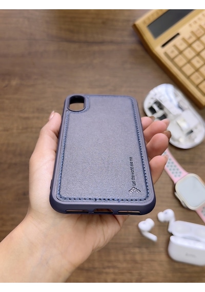 Apple iPhone X Uyumlu Premium Deri Dokulu Darbelere Karşı Dayanıklı Nazal Silikon Kılıf Lacivert
