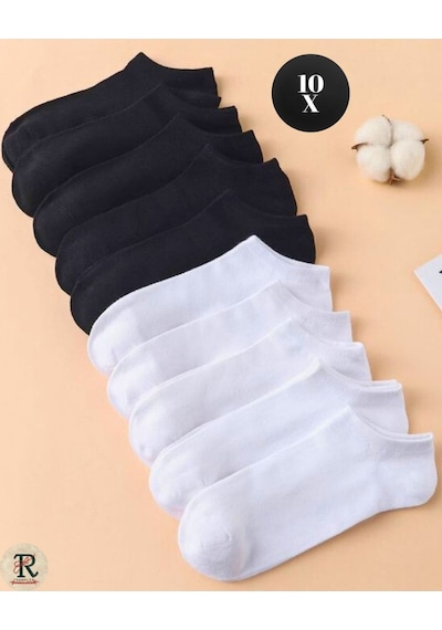 Trampler Ekonomik Pamuk Unisex Patik Çorap 10 Çift - Siyah - Beyaz