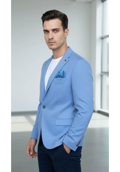 Erkek Slim Fit Blazer Ceket Plus Scorpion Tek Düğmeli Spor & Klasik Kombin Bebe Mavisi